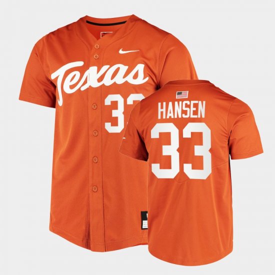 #33 Pete Hansen College Baseball Texas Longhorns Full-Button Men Orange Jersey 254796-560